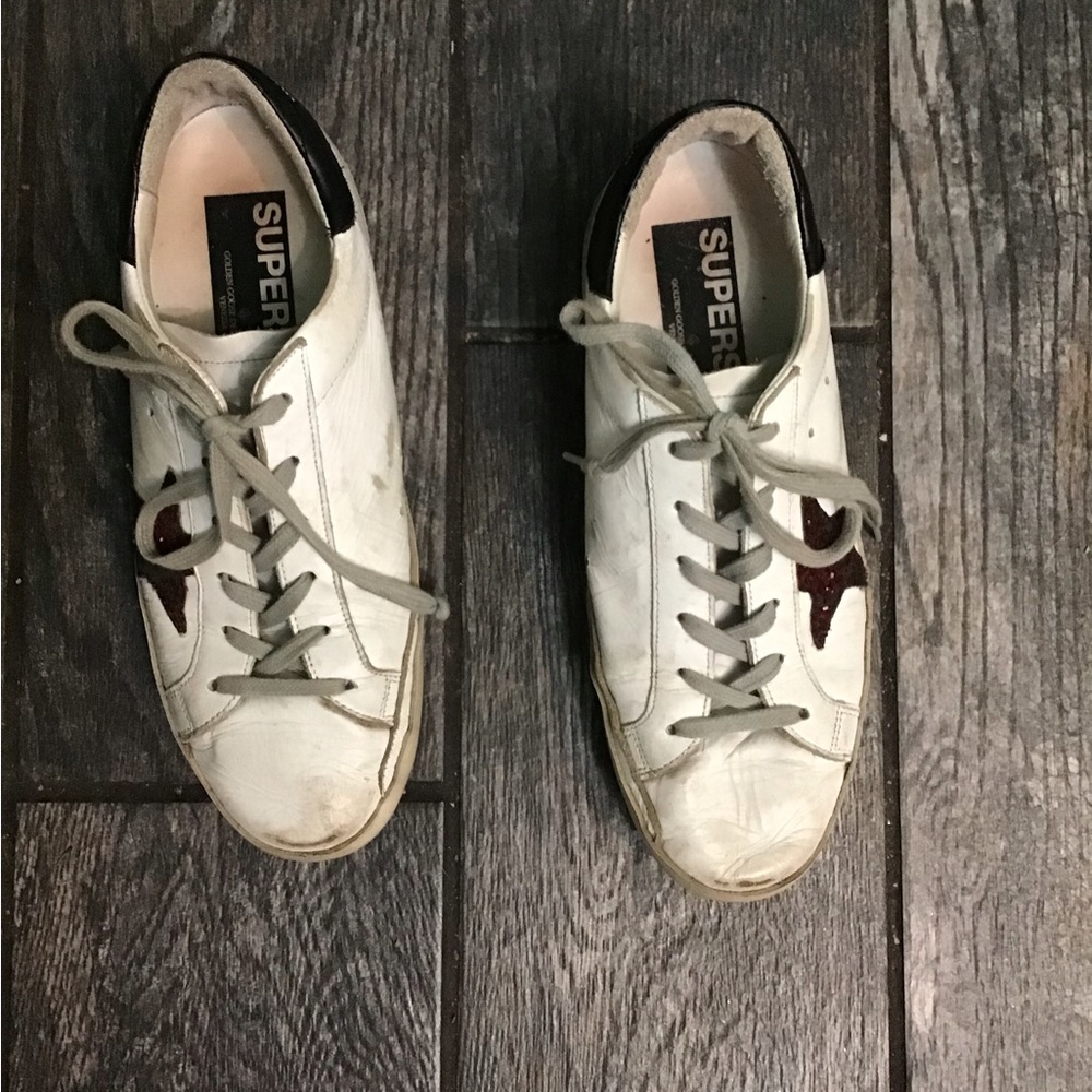 Golden Goose Superstar Red Glitter Black Heel White Leather Sneakers* - Picture 1 of 11